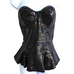 Bebe Sequin Bustier Top Black Underwire Boning Pleated Peplum Full Zip Back L